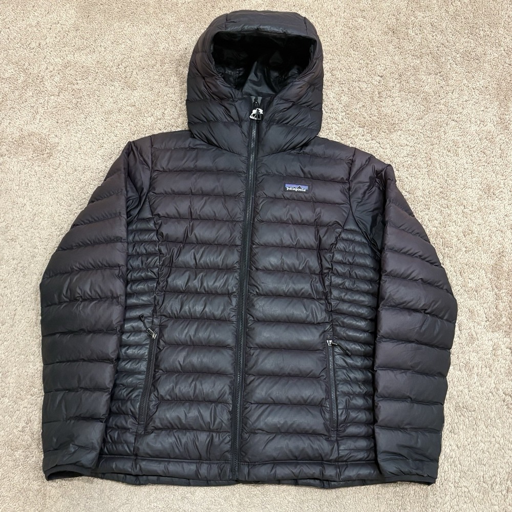 Patagonia Down Sweater Hoody Women's Large Black Down Puffer Full Zip Jacket